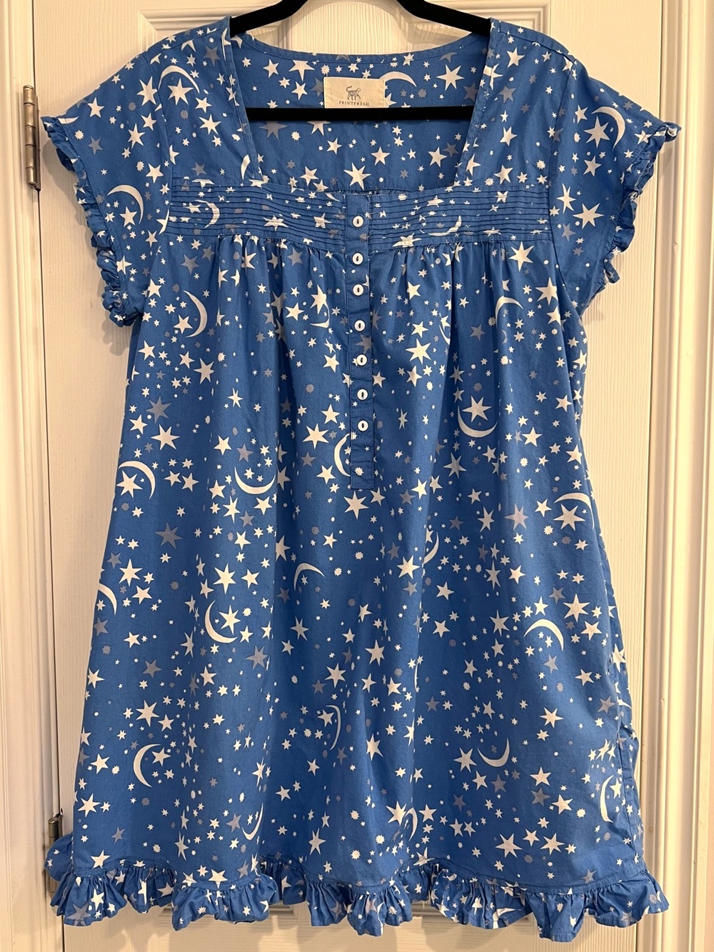 Printfresh Blue Star & Moon Pintuck Nightgown Celestial Organic Cotton Ruffle M